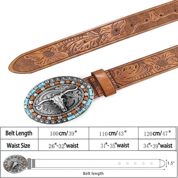 Women\'s Western Cowboy Belt PU Leather Longhorn Bull Turquoise Embossed Buckle main image 6